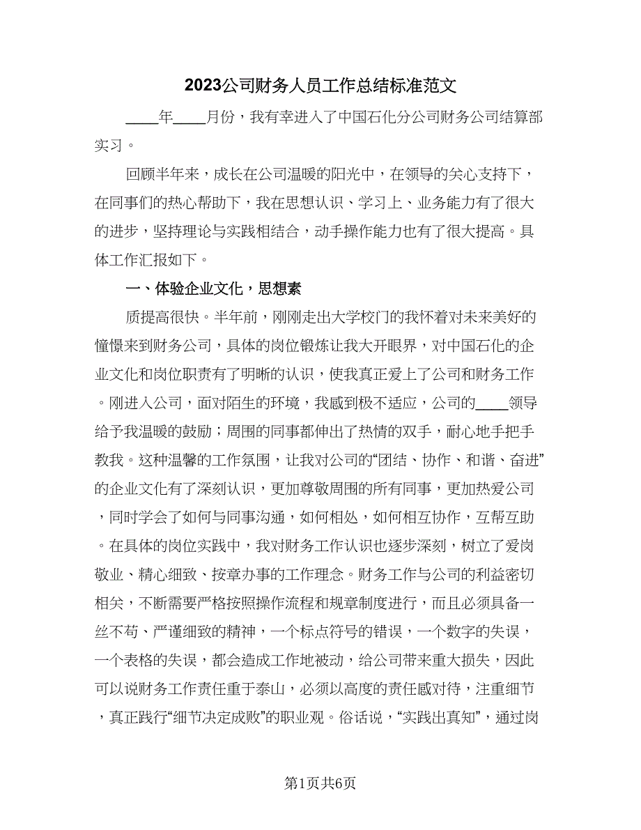 2023公司财务人员工作总结标准范文（二篇）.doc_第1页