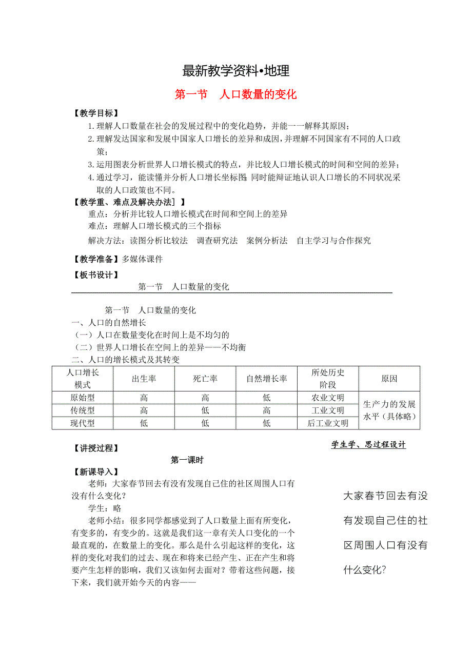 【最新】江苏省江阴市成化高级中学高中地理 1.1人口的变化教案 新人教版必修2_第1页