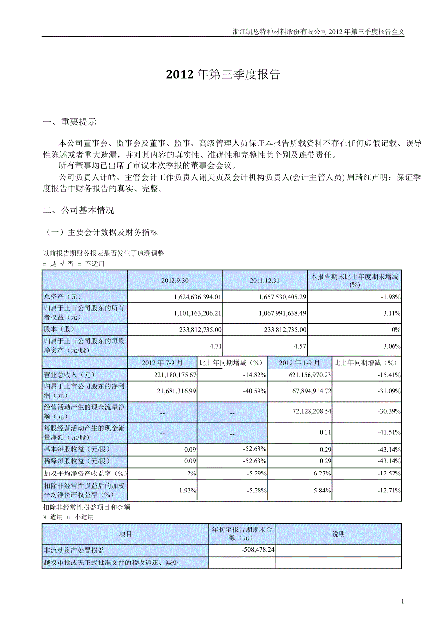 凯恩股份第三季度报告全文_第1页