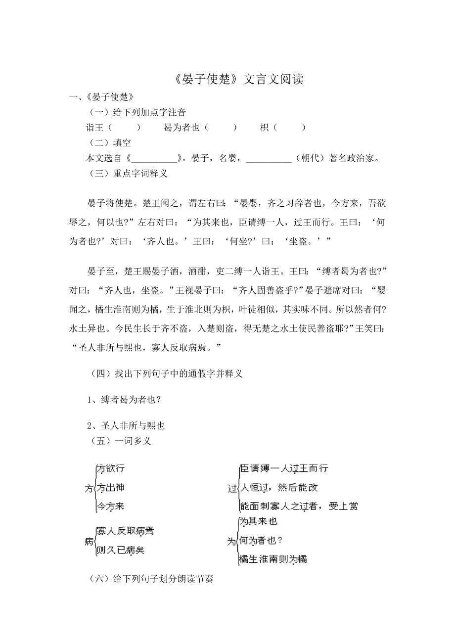 《晏子使楚》文言文阅读及答案_第1页