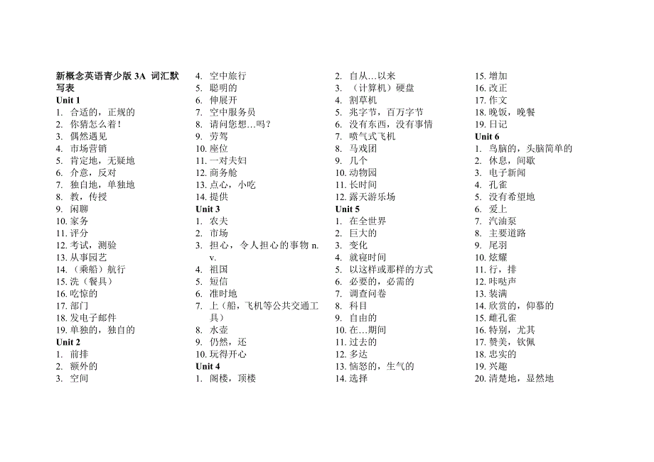 新概念英语青少版3A 词汇默写表_第1页