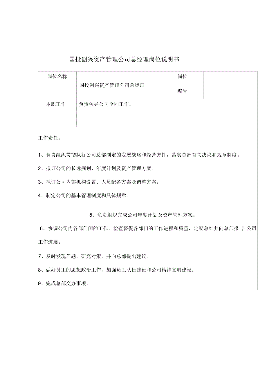 国投创兴资产管理公司总经理岗位说明书_第1页