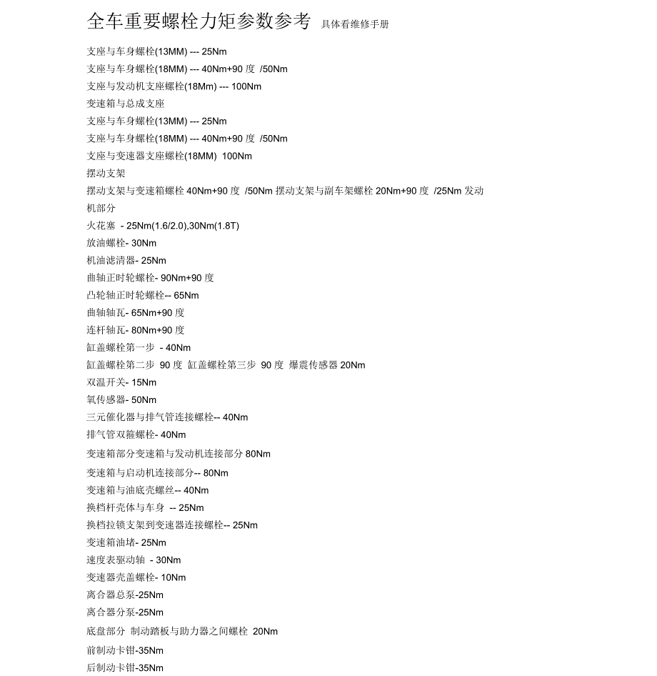 全车重要螺栓力矩参数参考具体看维修手册_第1页