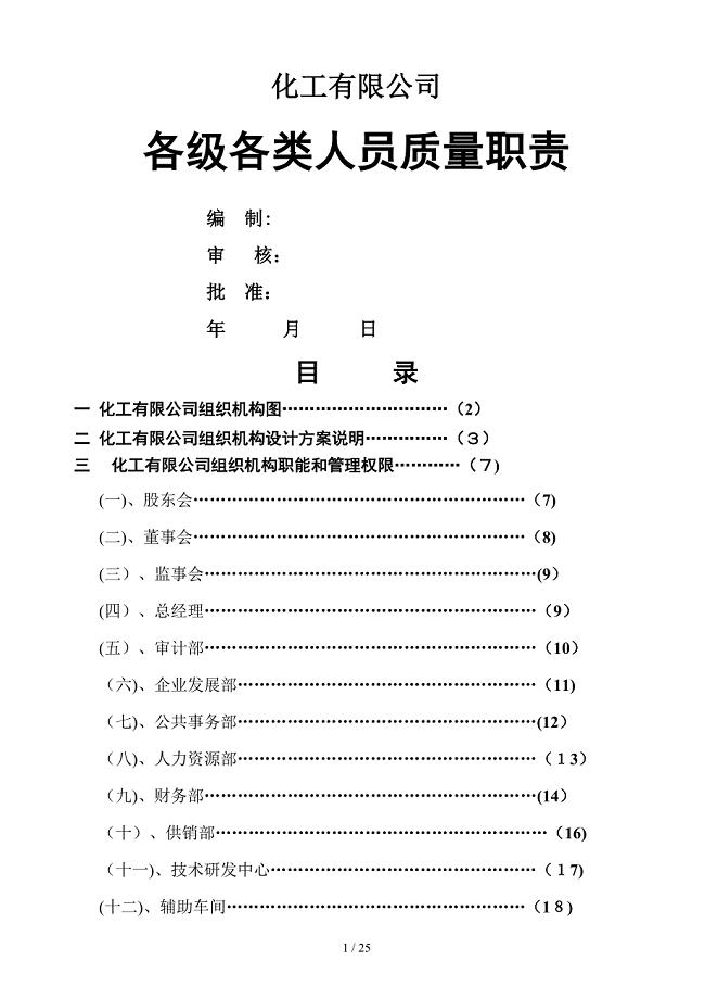 化工有限公司各级各类人员岗位责任制