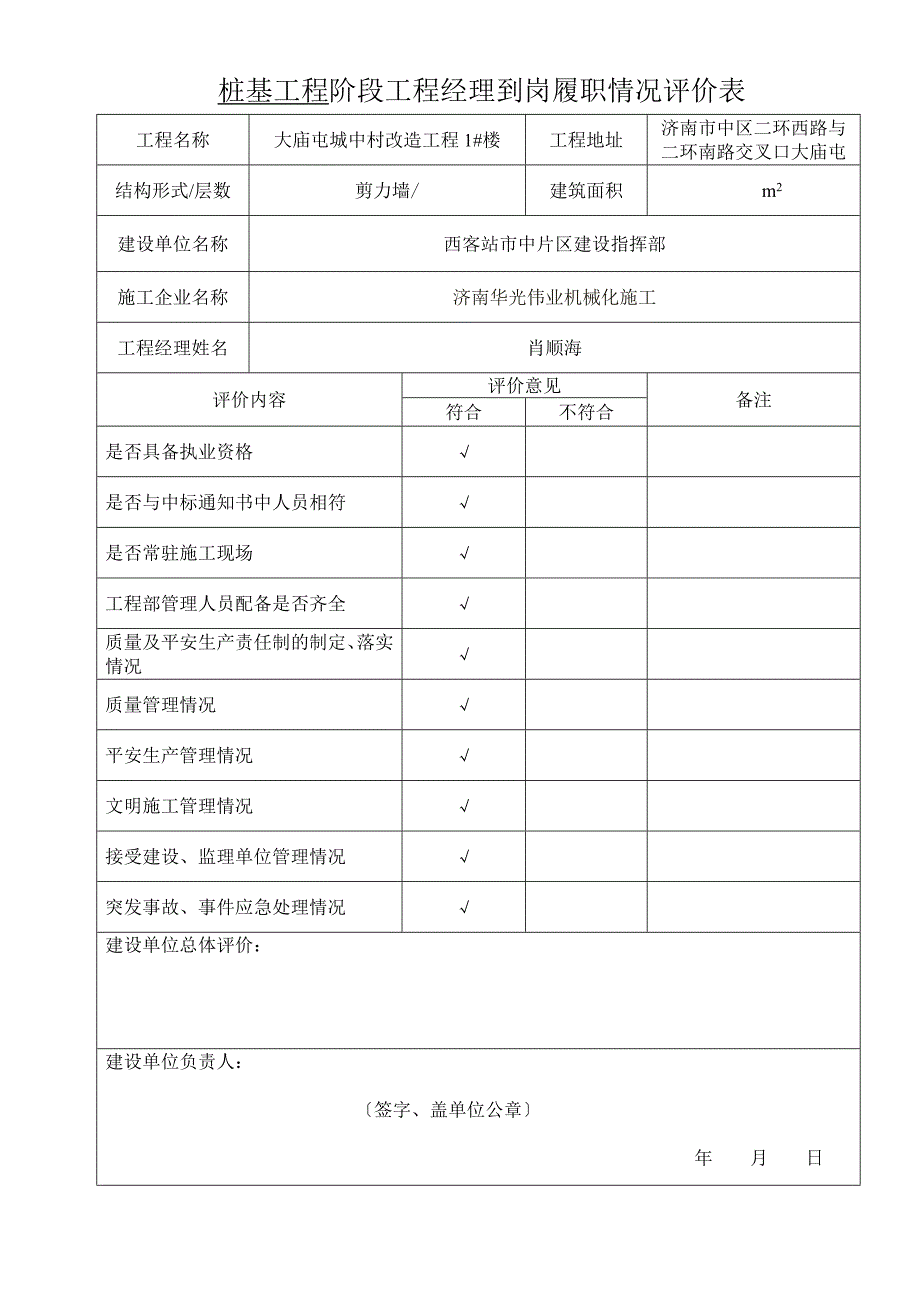 阶段项目经理到岗履职情况评价表_第1页