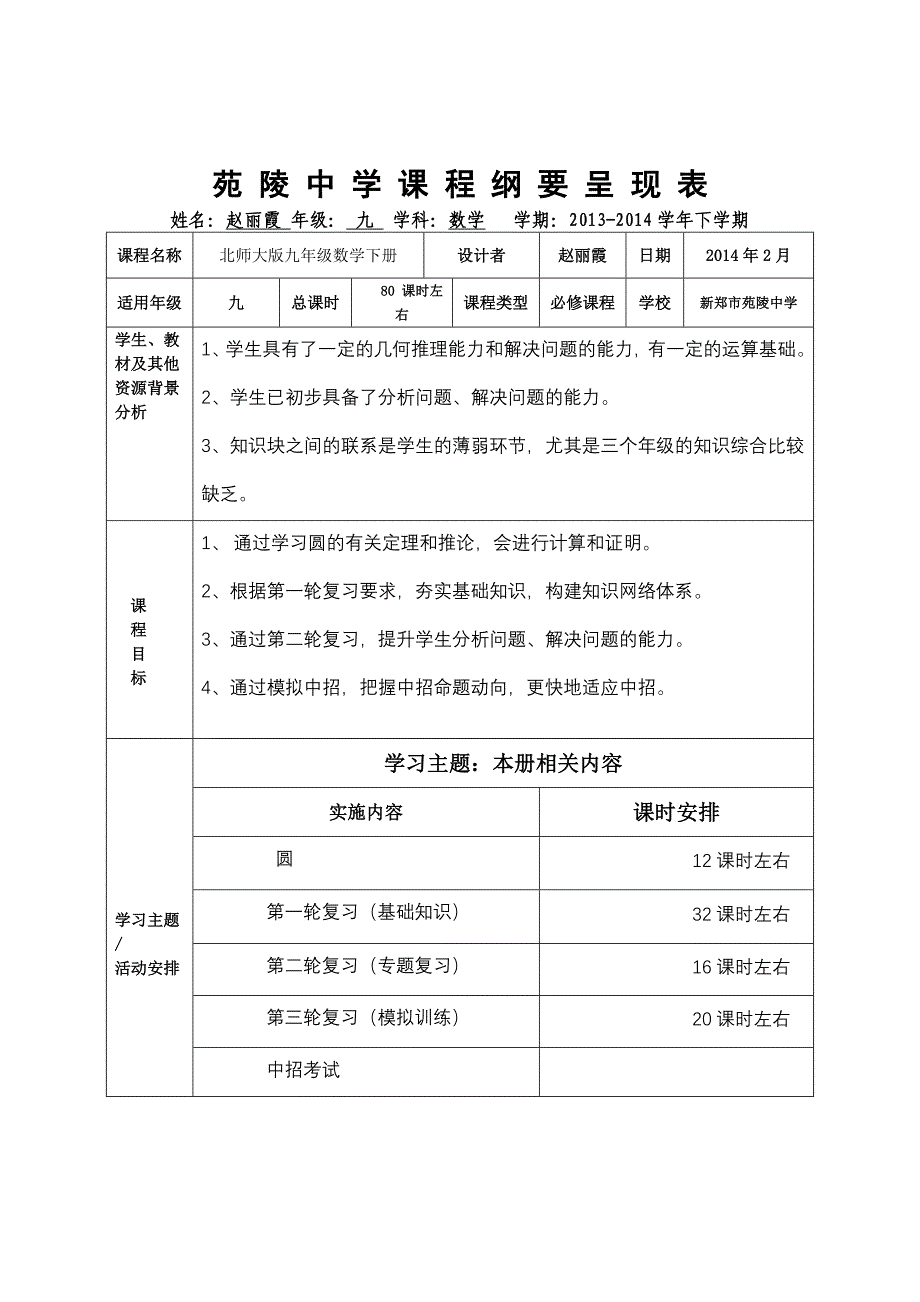 九年级数学下课程纲要呈现表2013-2014下_第1页