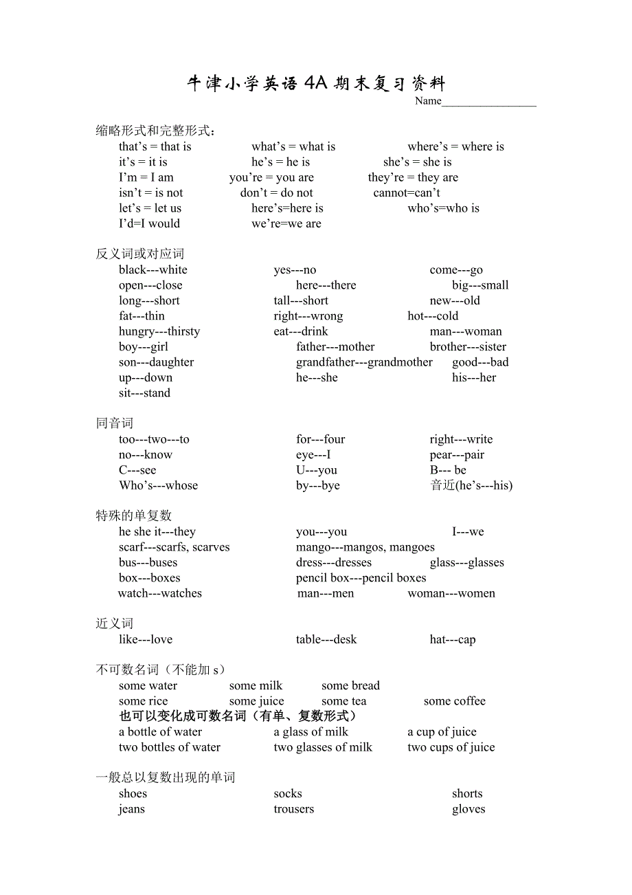 牛津小学英语4A期末复习资料_第1页