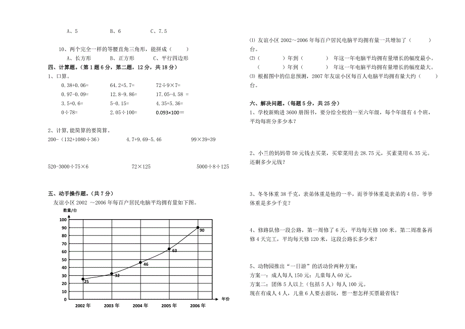 人教版小学四年级下数学期末试卷及答案_第2页