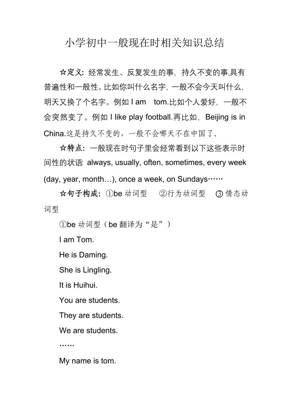 小学初中一般现在时相关知识总结_第1页