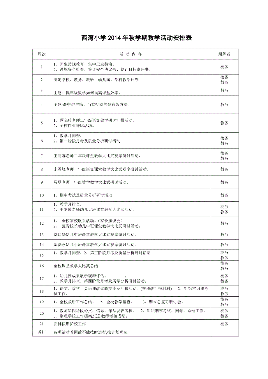 西湾小学2014年秋学期教学活动安排表_第1页