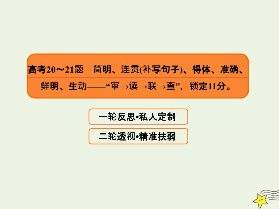 2020年高考语文二轮复习 第三部分 语言文字运用 高考20～21题 简明、连贯（补写句子）、得体、准确、鲜明、生动课件_第2页