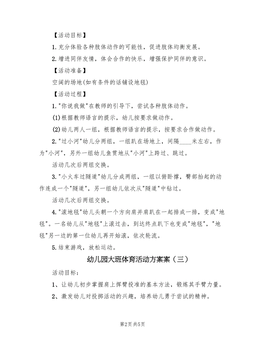 幼儿园大班体育活动方案案（4篇）_第2页