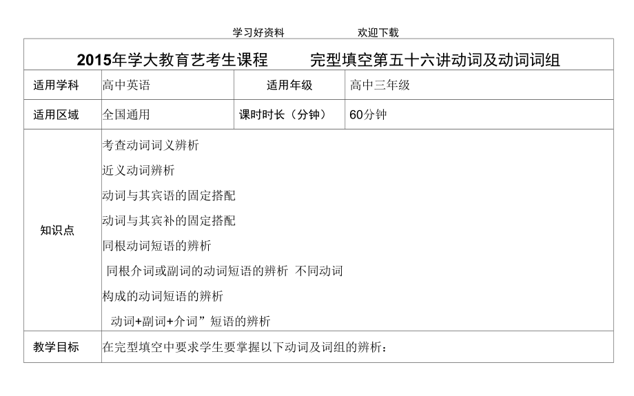 艺考生课程完型填空第五十六讲动词及动词词组_第1页