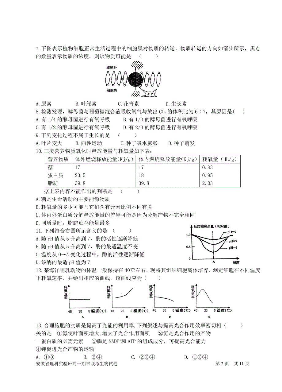 安徽省六校省理科实验班高一期末联考_第2页