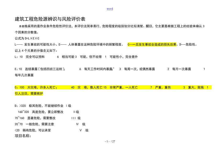 建筑工地危险源辨识与风险评价与衡量表_第1页