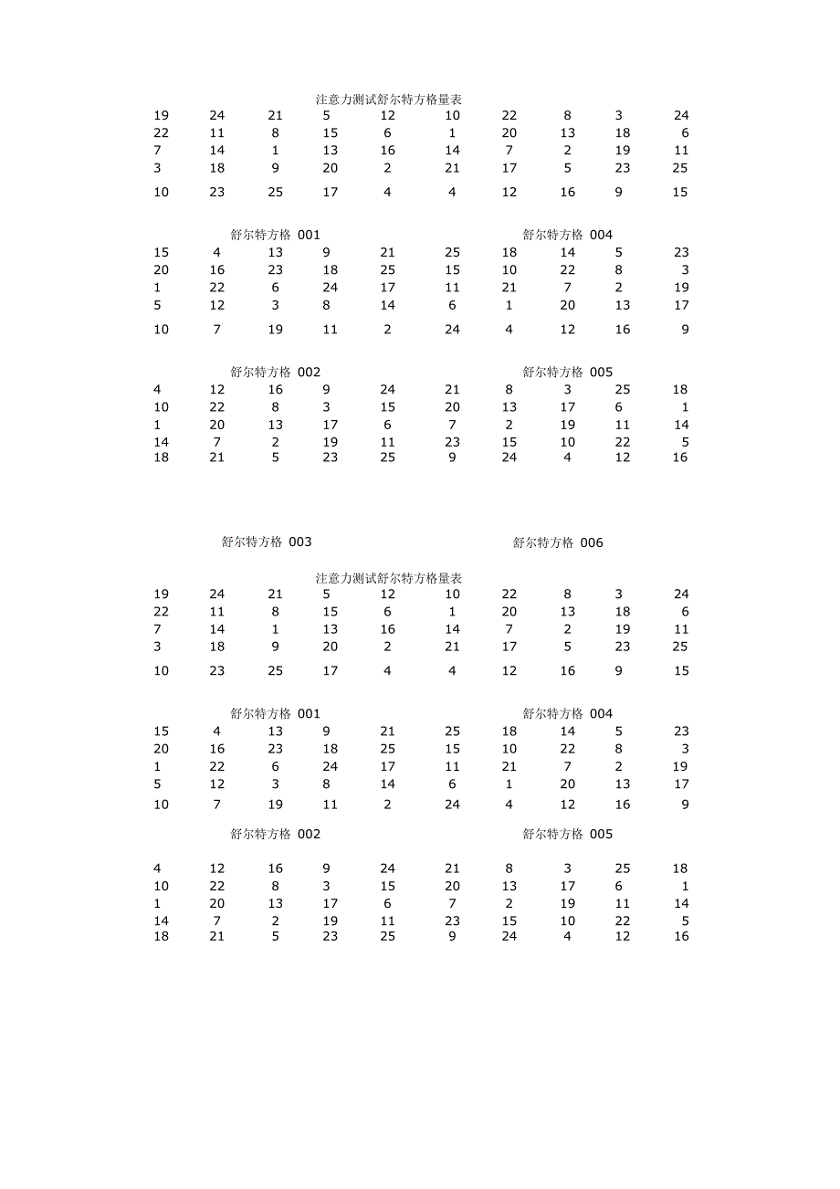 注意力测试舒尔特方格量表_第1页