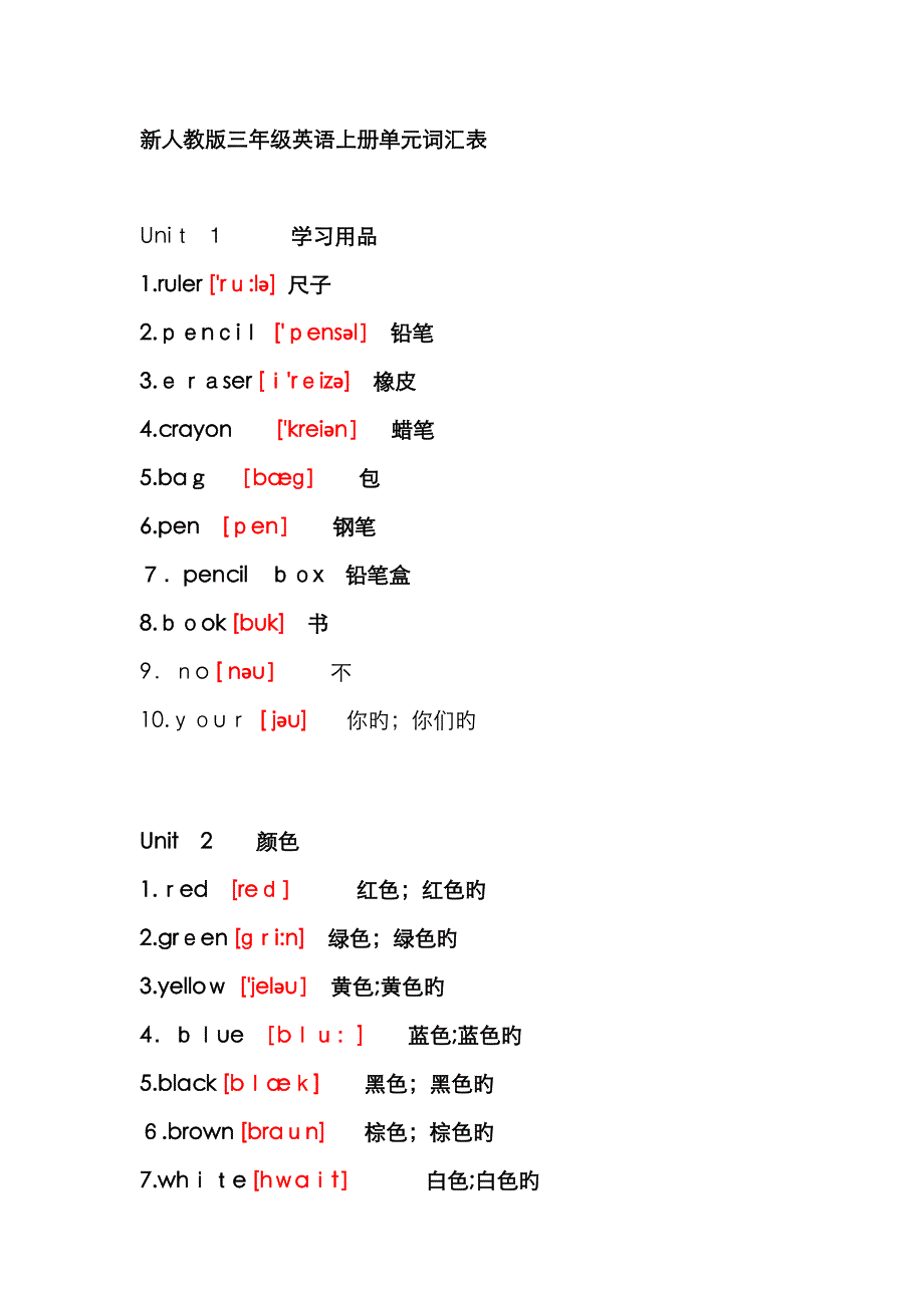 新人教版三年级英语上册单元词汇表_第1页