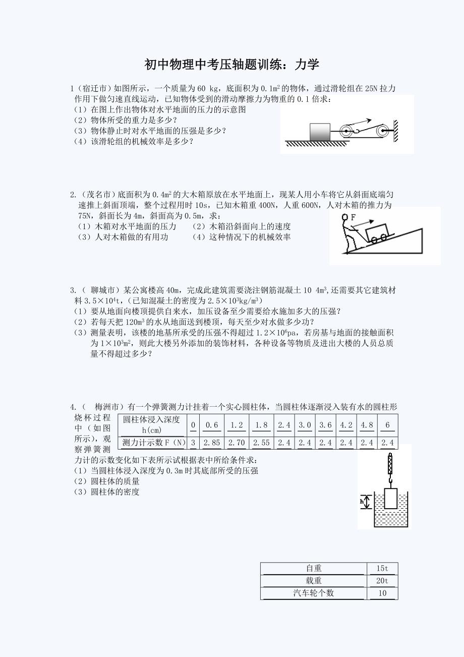 初中物理中考压轴题训练：力学(精品)_第1页