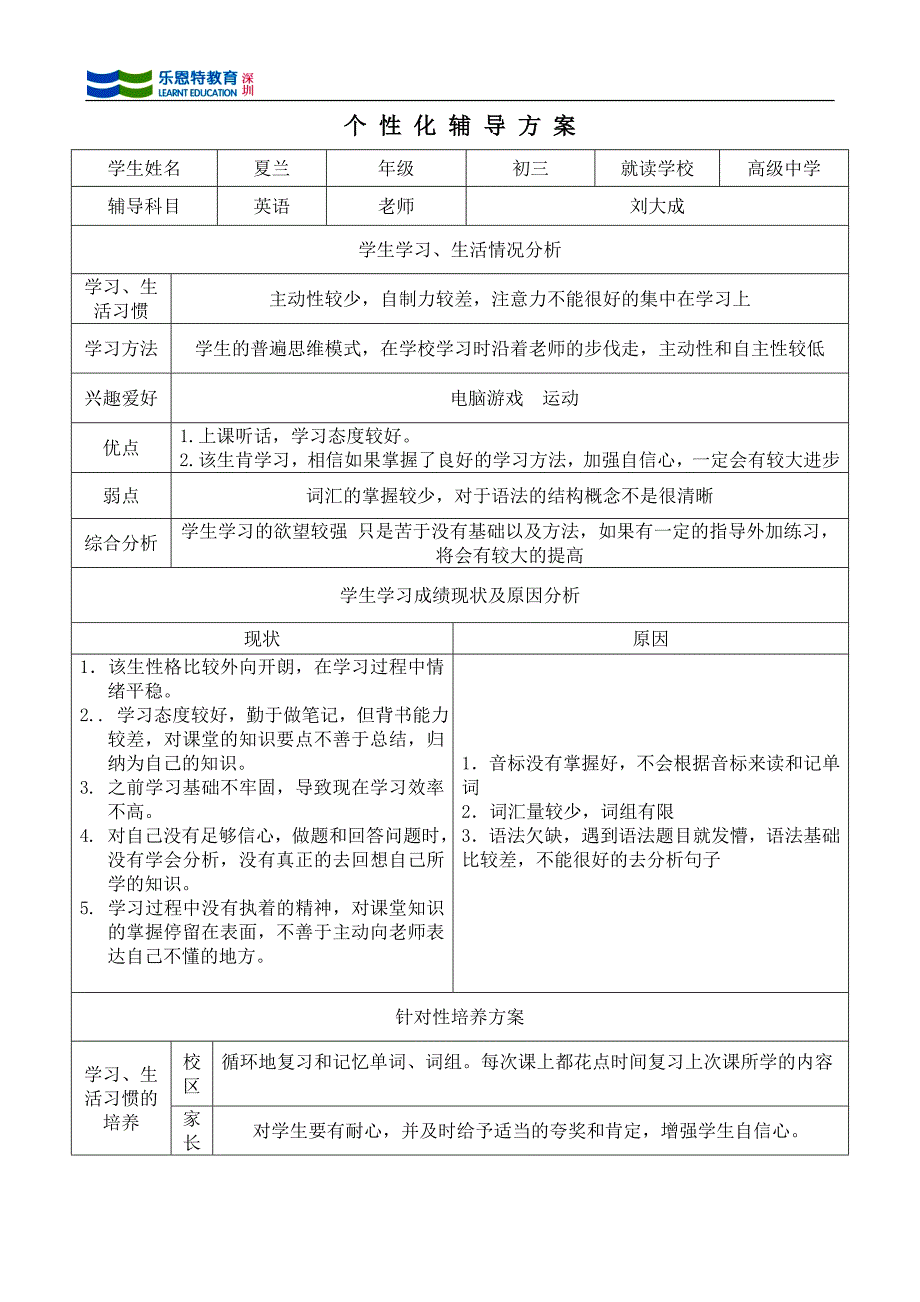 一对一英语教学计划_第1页