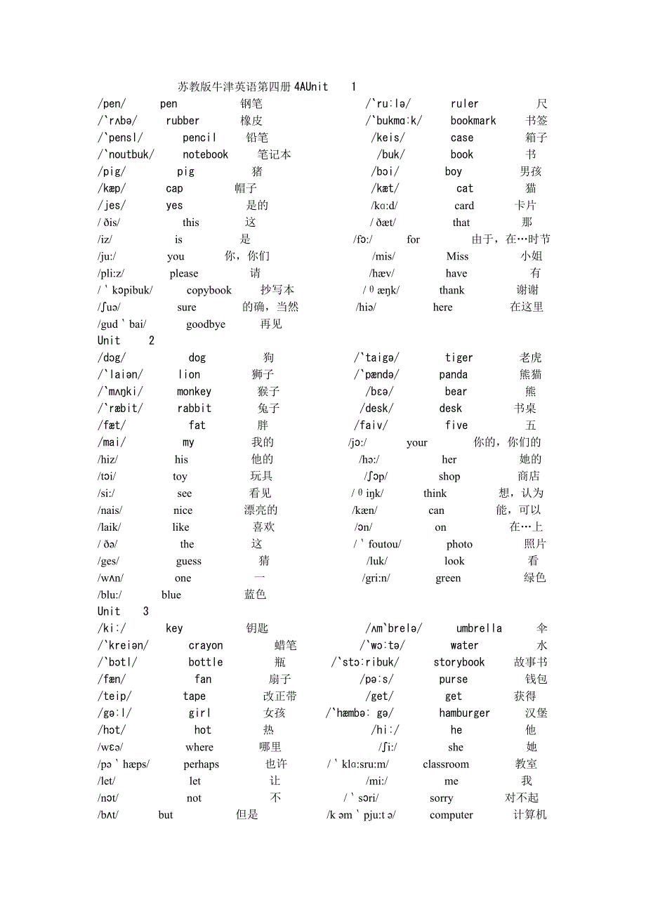 苏教版牛津英语第四册4A单词英标Unit_第1页