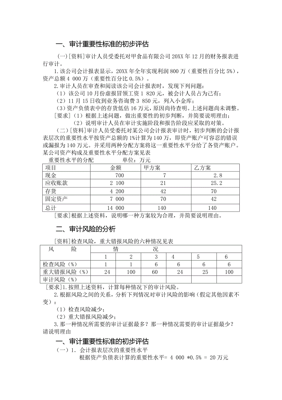 重要性和审计风险练习及答案_第1页