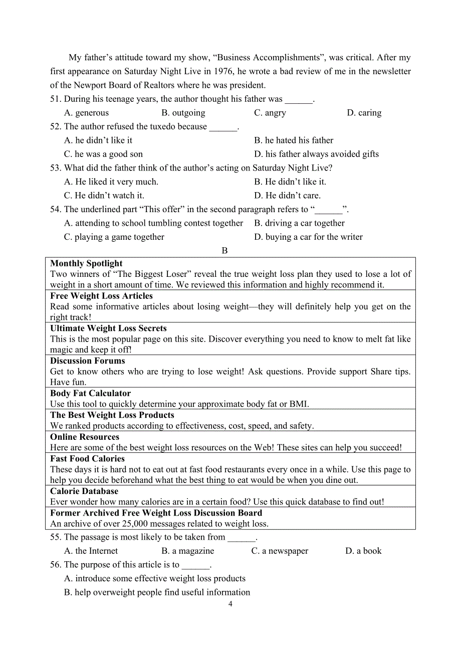 2018年高一英语期末模拟卷1.doc_第4页