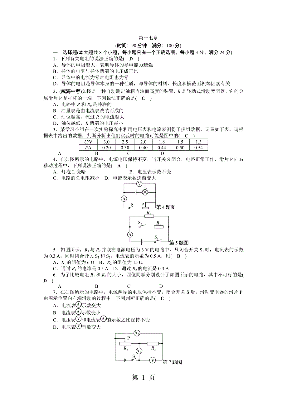 2023年九年级物理人教版上册单元测试题 第章欧姆定律.doc_第1页