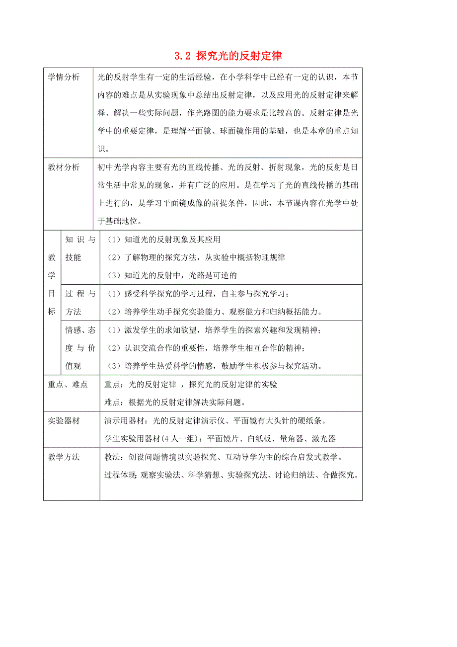 八年级物理上册 3.2《探究光的反射规律》教学设计 （新版）粤教沪版.doc_第1页