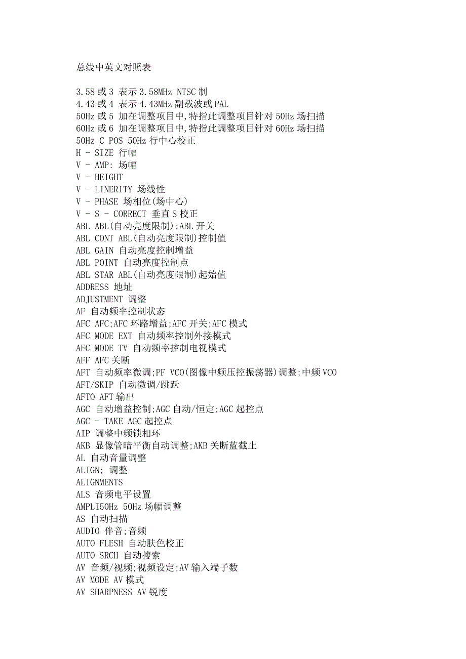 电视总路调试对照表.doc_第1页