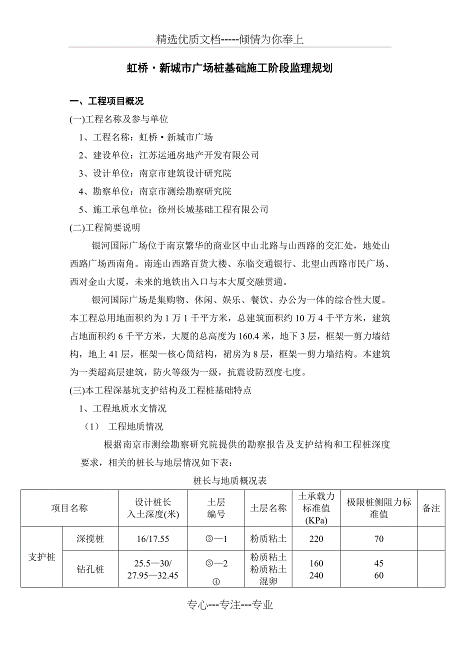 虹桥新城市广场桩基础施工阶段监理规划_第1页