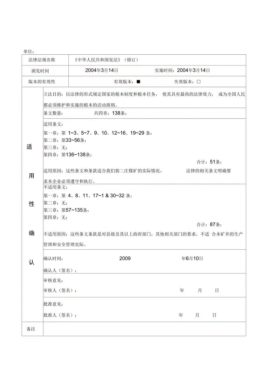 单位法律法规适用确认表_第1页