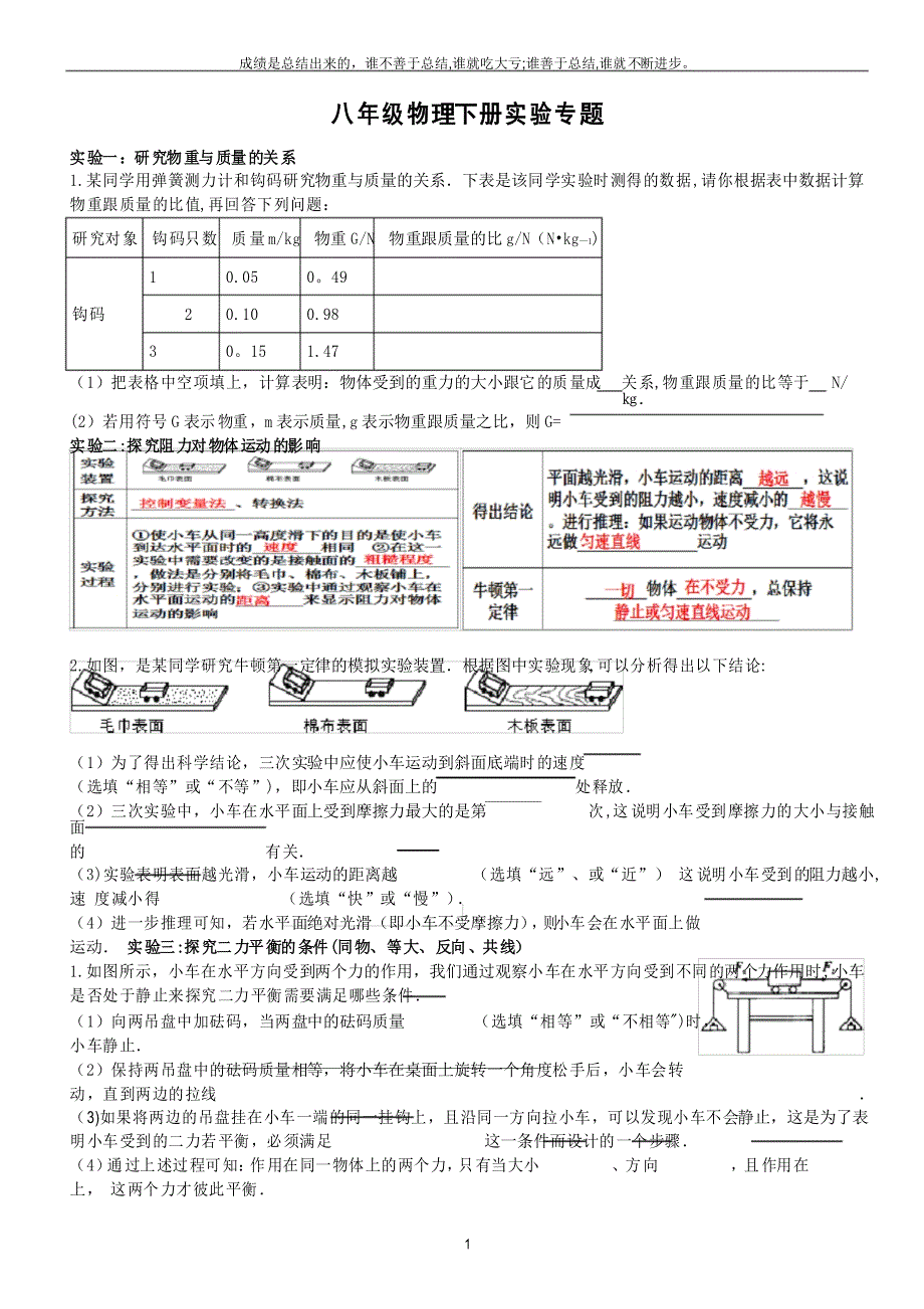 人教版八年级物理实验专题复习_第1页