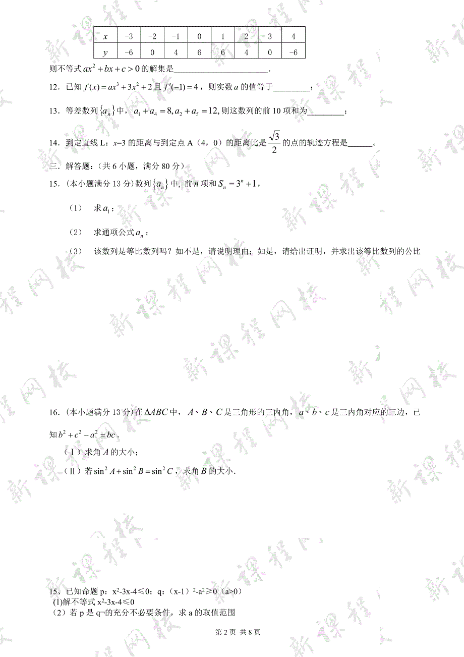 高二数学(文科)练习(必修5_选修1-1)期末复习辅导2_第2页