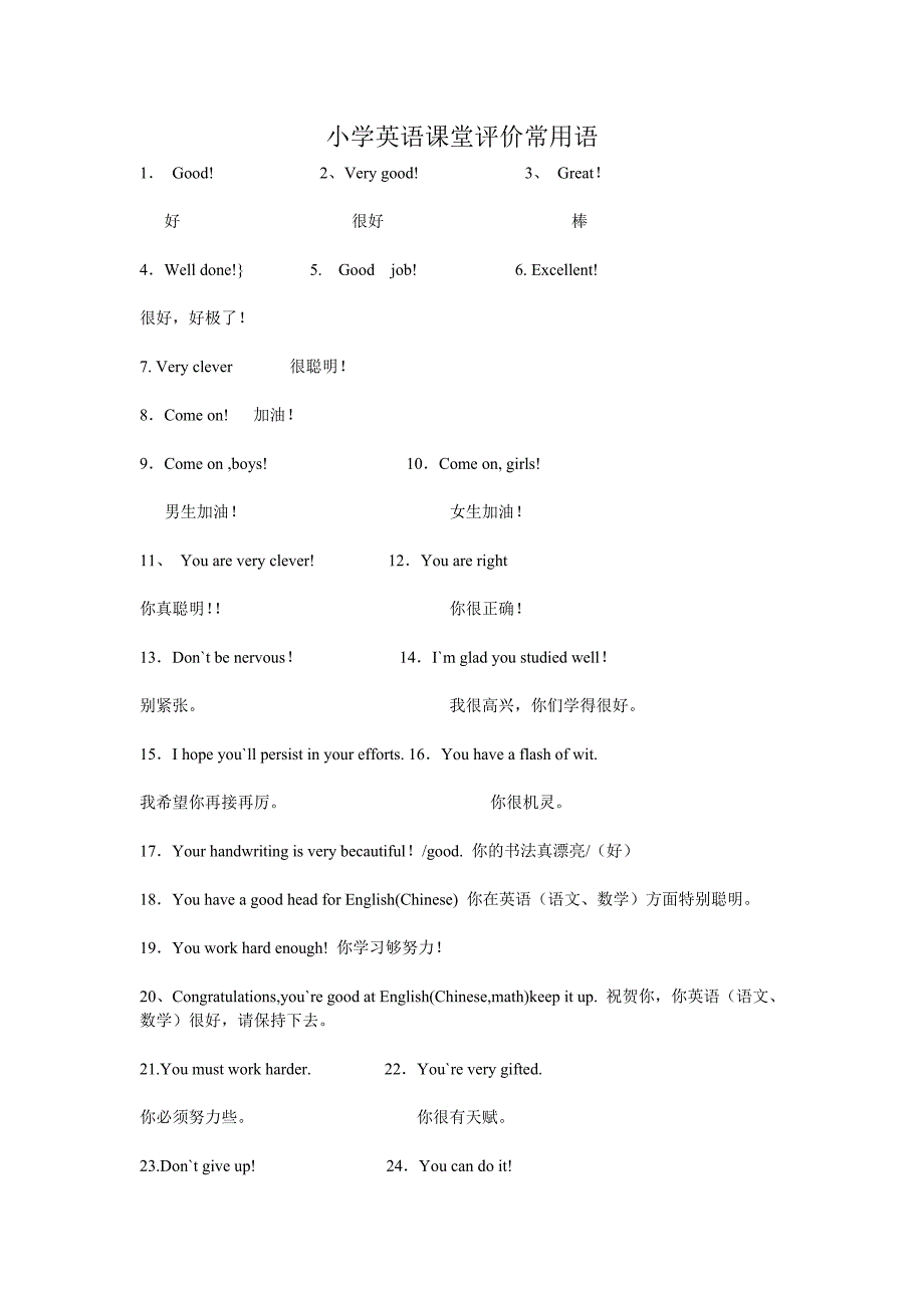 小学英语课堂评价常用语_第1页