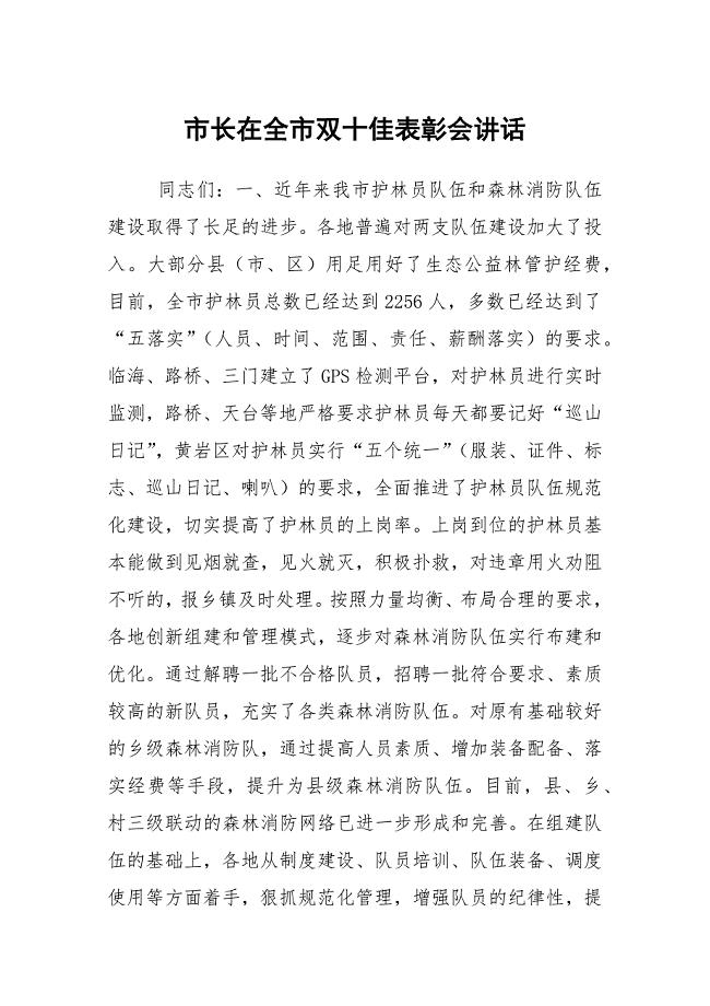 市长在全市双十佳表彰会讲话