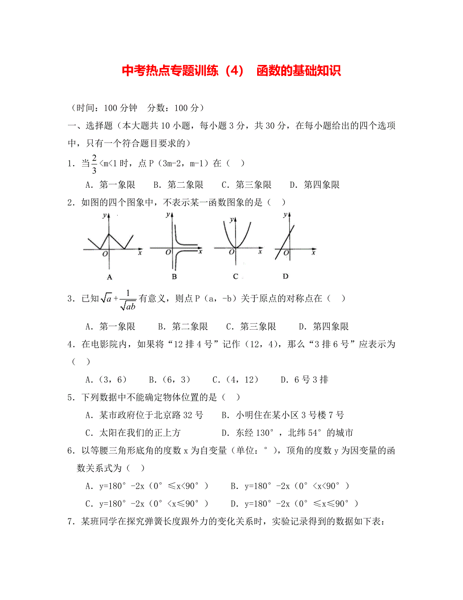 中考热点专题训练（4）函数的基础知识li_第1页