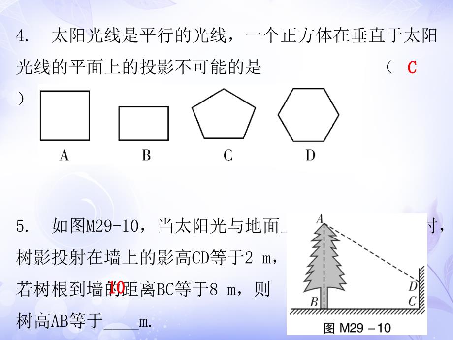 人教版九年级数学下册课件第二十九章期末复习精练考点1投影_第4页