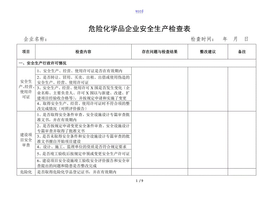 危险化学品企业安全系统检查表完整版_第1页