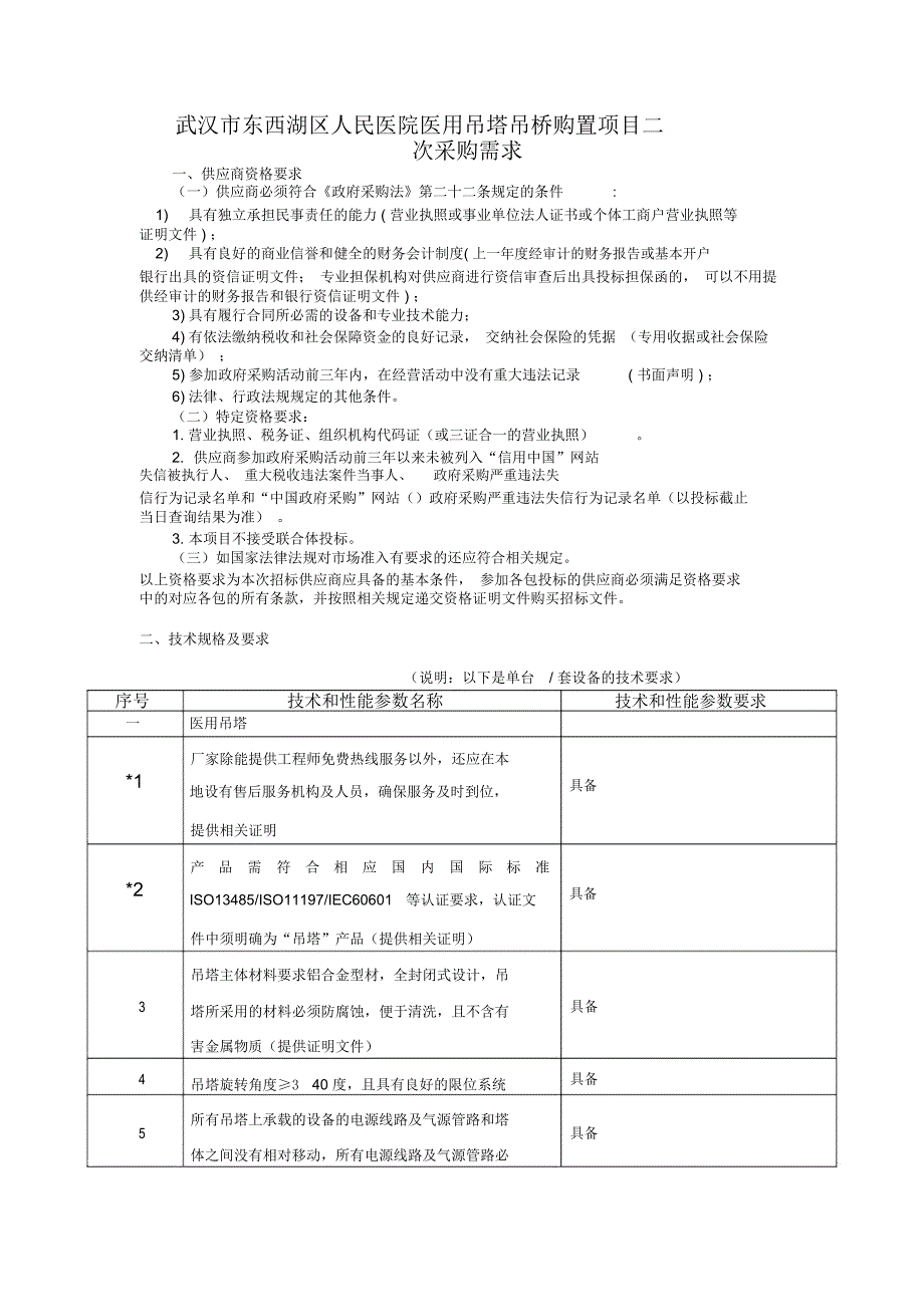 武汉东西湖区人民医院医用吊塔吊桥购置项目二次_第1页