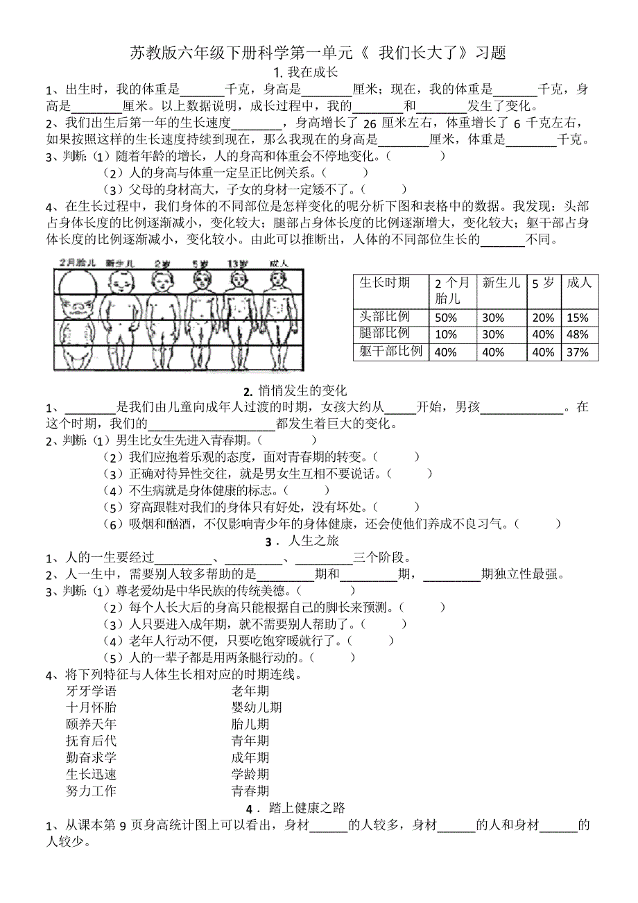 苏教六年下科学第一单元《我们长大了》习题与答案_第1页