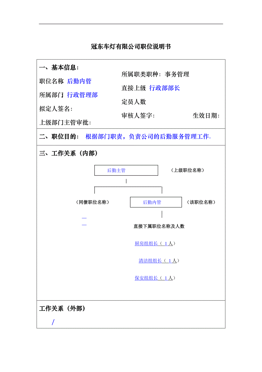 冠东车灯公司行政管理部后勤内管职位说明书_第1页