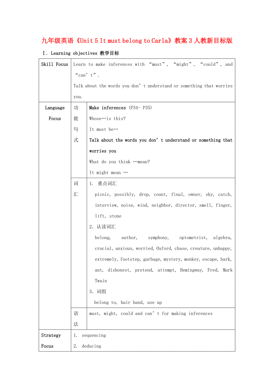 九年级英语《Unit 5 It must belong to Carla》教案3 人教新目标版_第1页