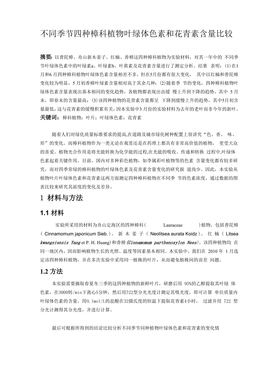 不同季节四种樟科植物叶绿体色素及花青素含量比较_第1页