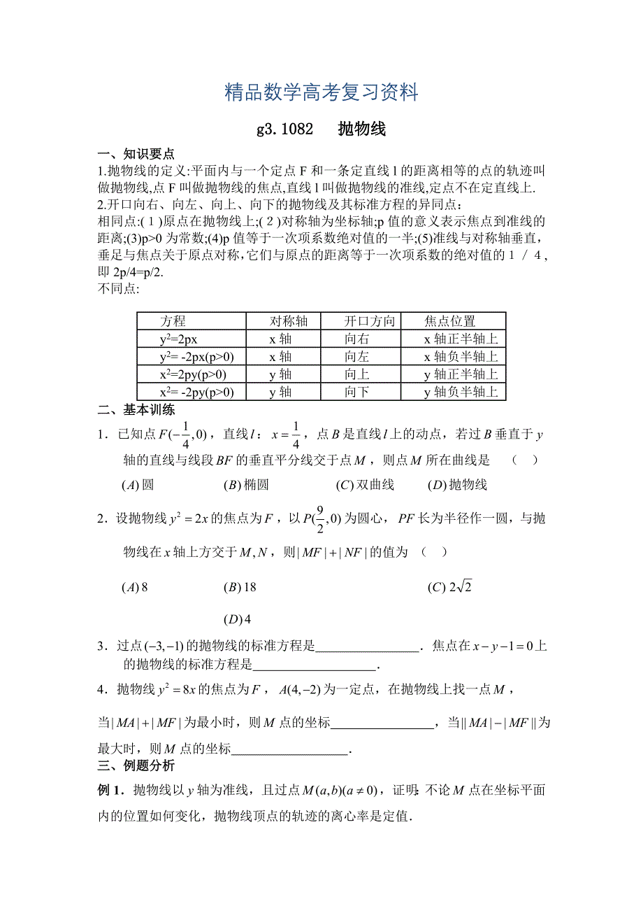 【精品】高考数学第一轮总复习100讲第82抛物线_第1页