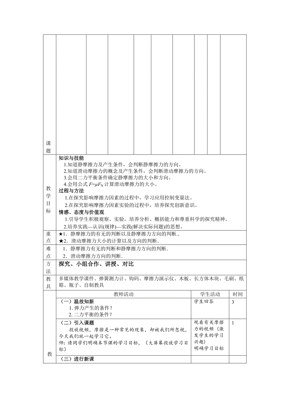 人教版高一物理必修一摩擦力教学设计_第2页