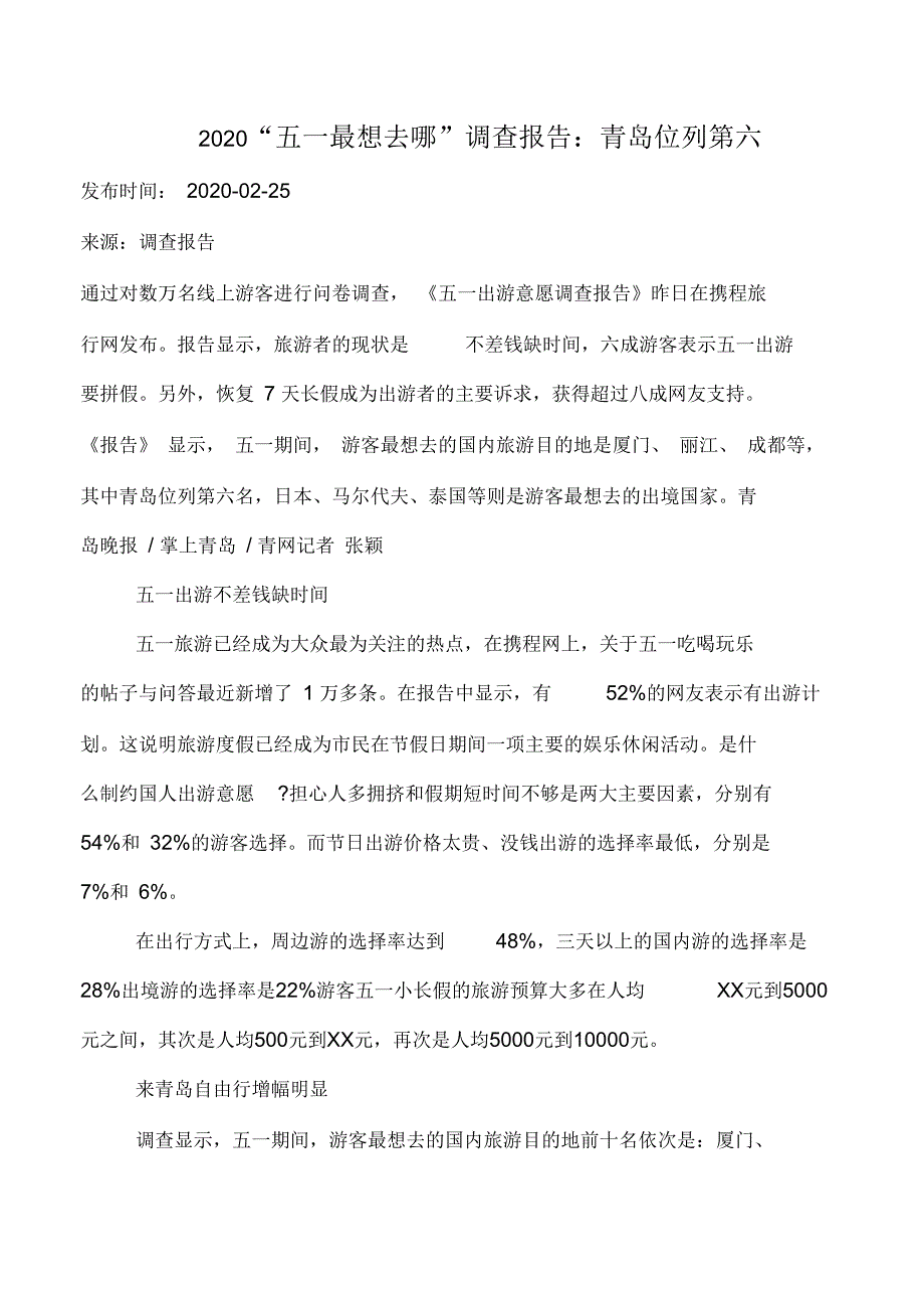 2020“五一最想去哪”调查报告：青岛位列第六_第1页