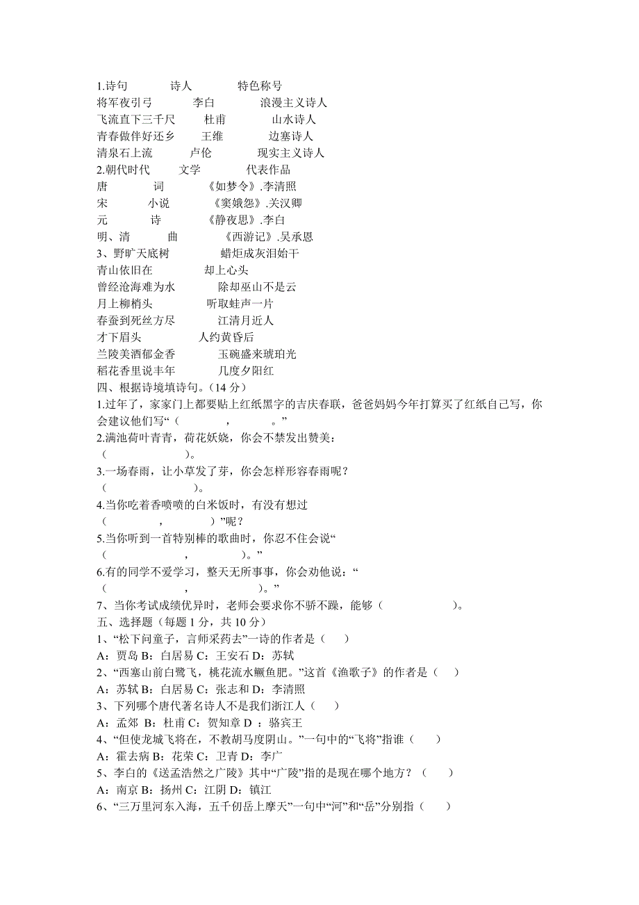 小学语文六年级古诗词测试卷_第2页