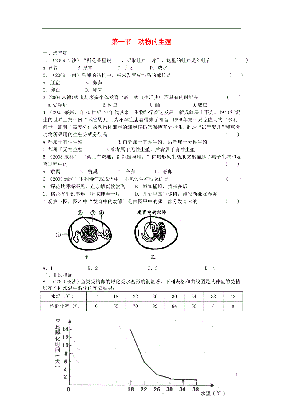 八年级生物上册动物的生殖同步练习1苏科版_第1页