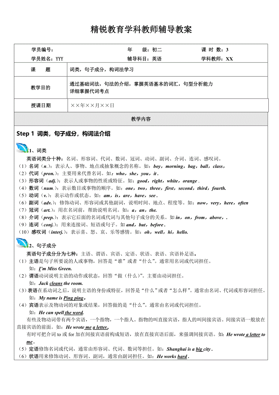 暑期课程-英语-江苏-初二-词类句子成分代词_第1页