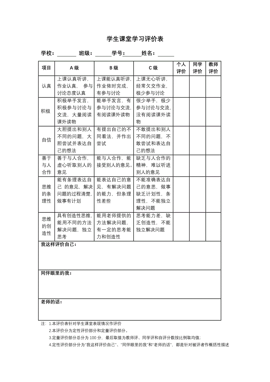 (完整word版)学生课堂学习评价表.doc_第1页